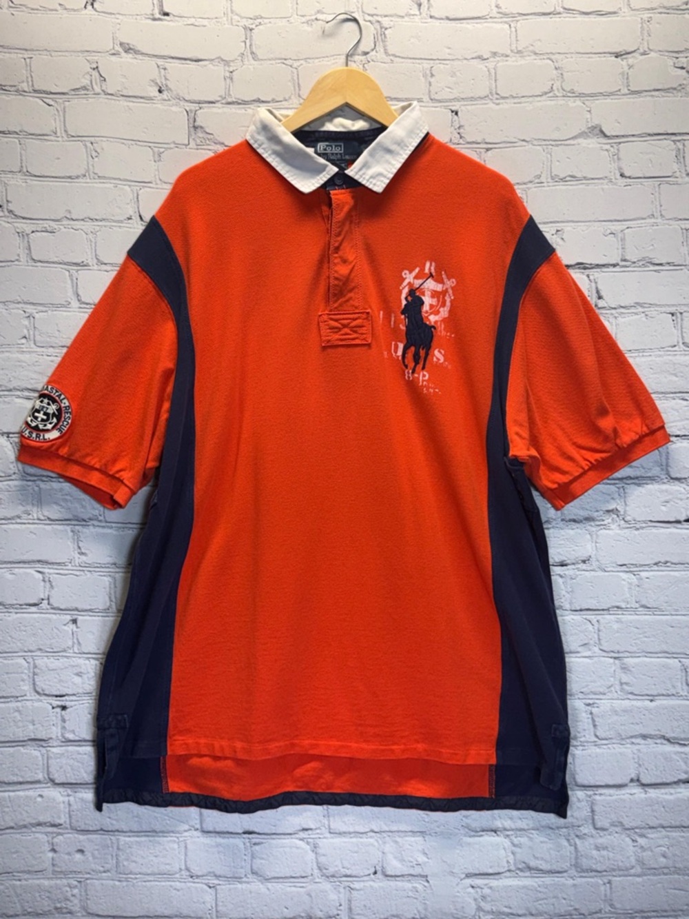 Vintage Polo by Ralph Lauren Men's Orange & Blue Horse Short Sleeve Polo, 2XB